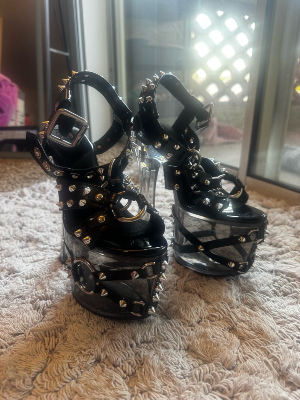 Dolls Kill Black Studded Clear-Platform Strappy Heels